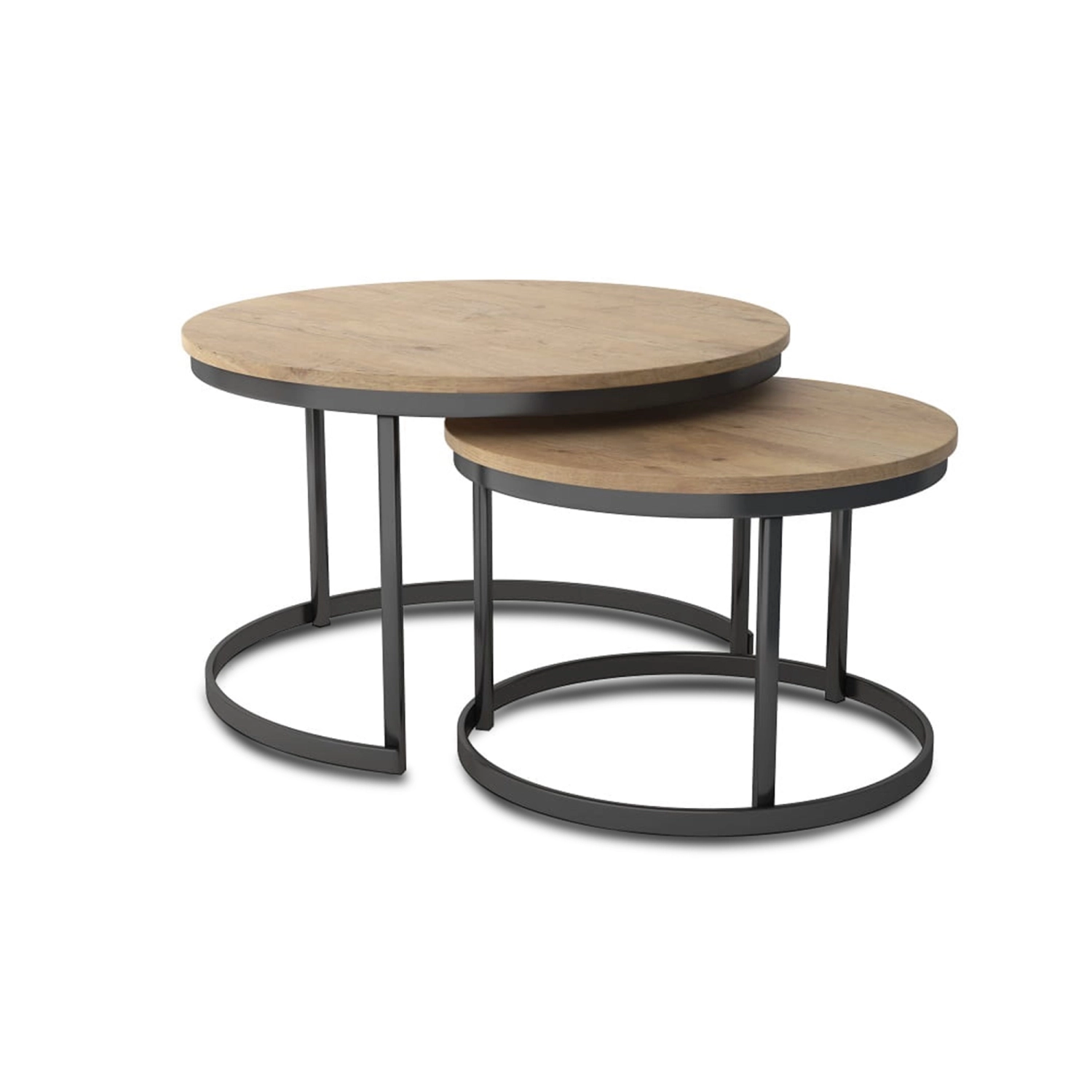 Marco M zestaw 2 okrągłych stolików kawowych z drewnianym blatem fi 58 cm+ fi 43 cm na metalowej podstawie
